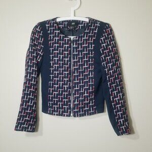H&M women's navy, red, and white cropped tweed jacket; Size: 4